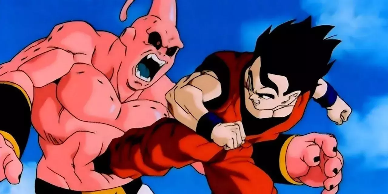 Gohan kicks Super Buu in battle in Dragon Ball Z.