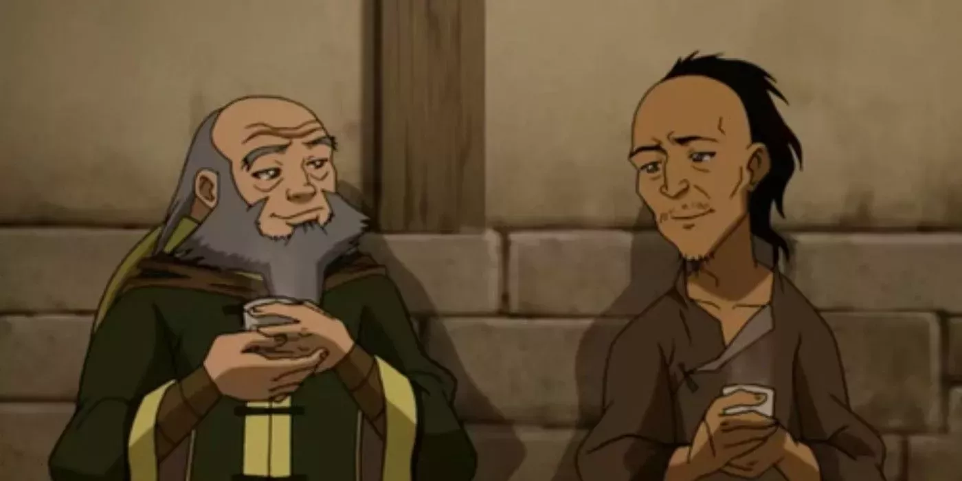 Iroh shares tea with a would-be mugger in Ba Sing Se.