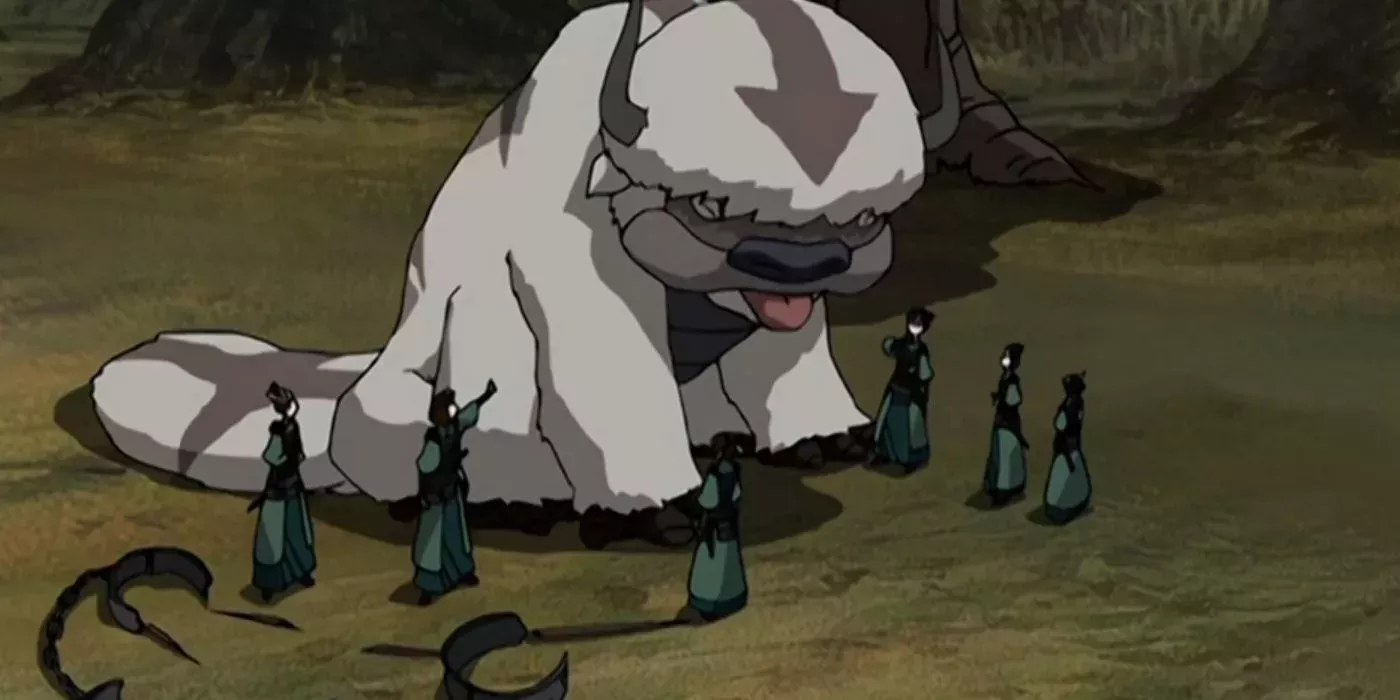 Suki and the Kyoshi Warriors caring for Appa in Avatar The Last Airbender