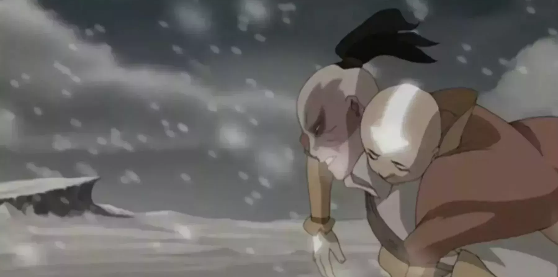 Zuko carrying Aang through a blizzard in Last Airbender