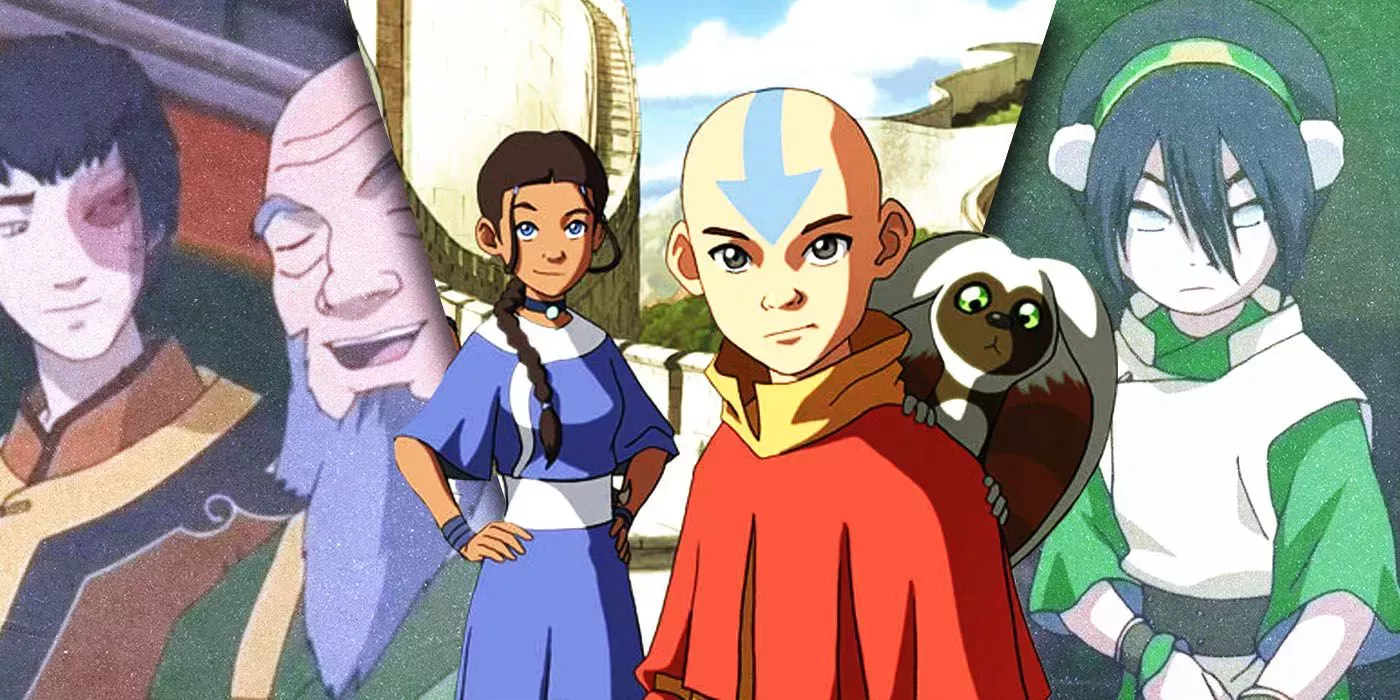 Split images of zuko, iroh, katara, aang, and toph