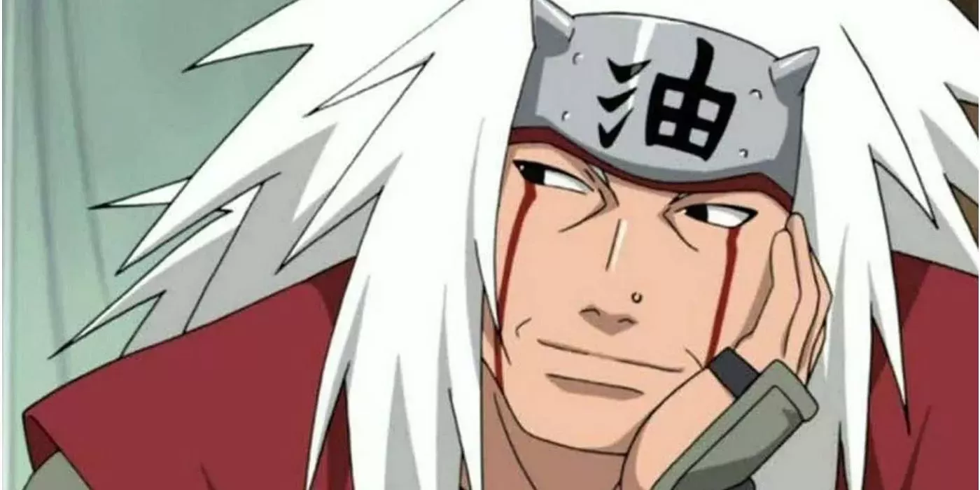 Jiraiya smiling slightly in the Naruto anime while leaning his head on his hand.