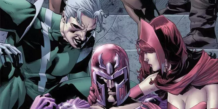 Magneto sits with Quicksilver and Scarlet Witch at his sides