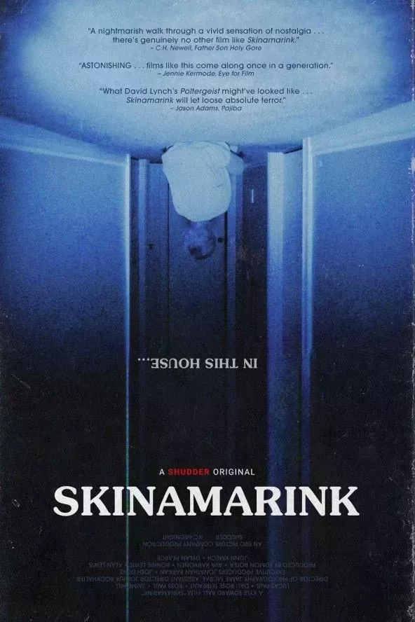 An upside down view of a child looking into a closet on the Skinamarink Theatrical Poster