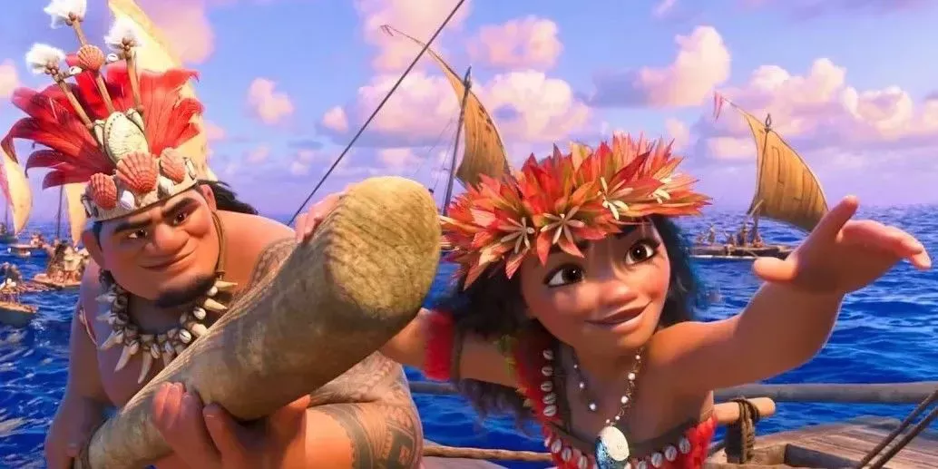 Maui and Moana on a boat pointing ahead in Moana