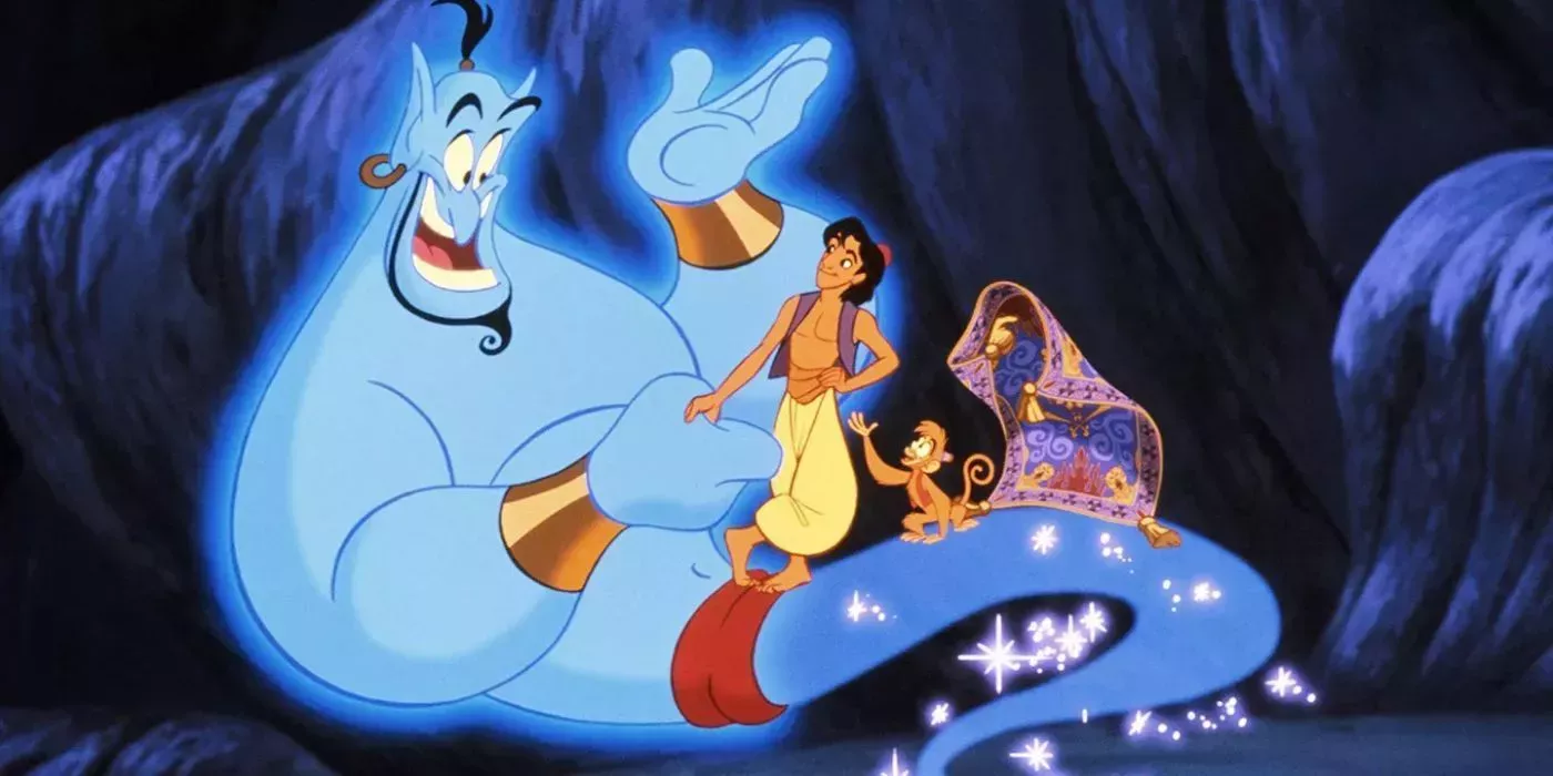 Aladdin, Magic Carpet, and Abu standing on Genie