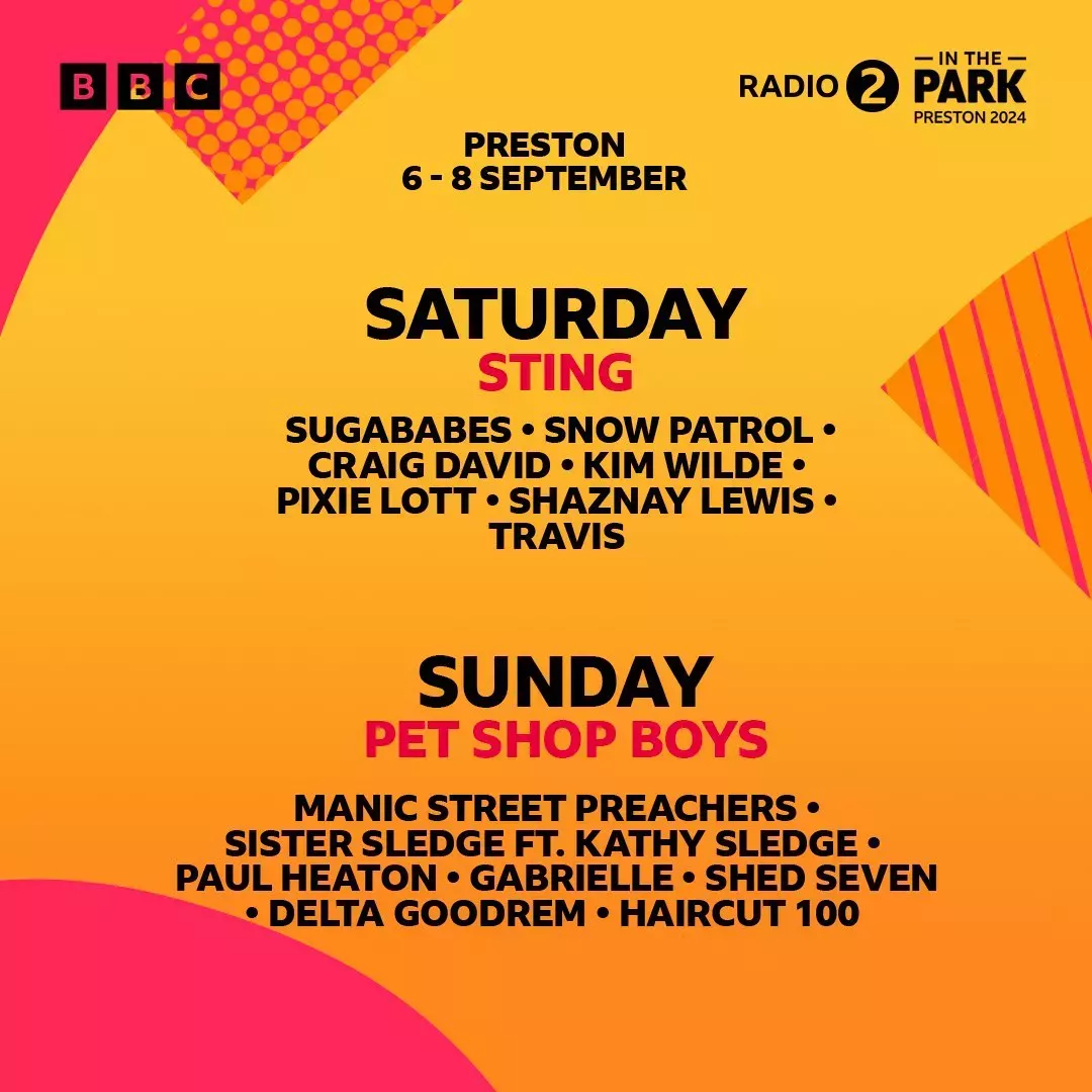 Orange and pink line-up poster for BBC Radio 2 in the Park.