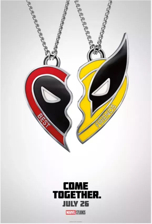 Deadpool & Wolverine Come Together Film Teaser Poster shows a Deadpool and Wolverine friendship necklace