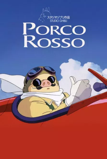 The Studio Ghibli Porco Rosso movie poster depicts Porco giving a thumbs up while flying a plane.