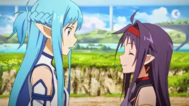 Asuna and a smiling Yuuki meet after fighting in Sword Art Online