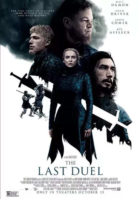 The Last Duel movie poster with Matt Damon, Adam Driver and Jodie Comer