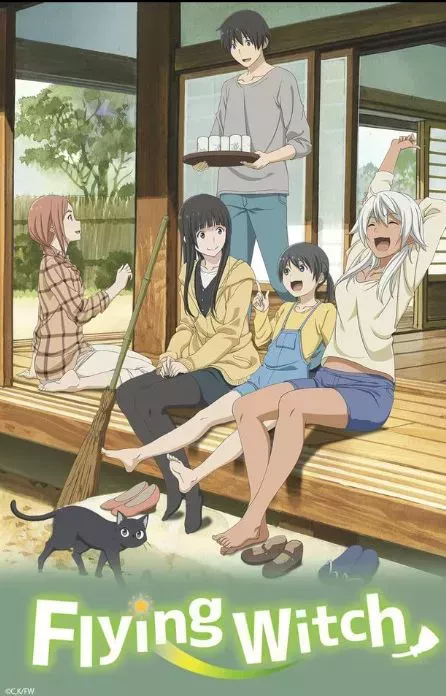 Flying Witch anime cover art with the cast on a porch