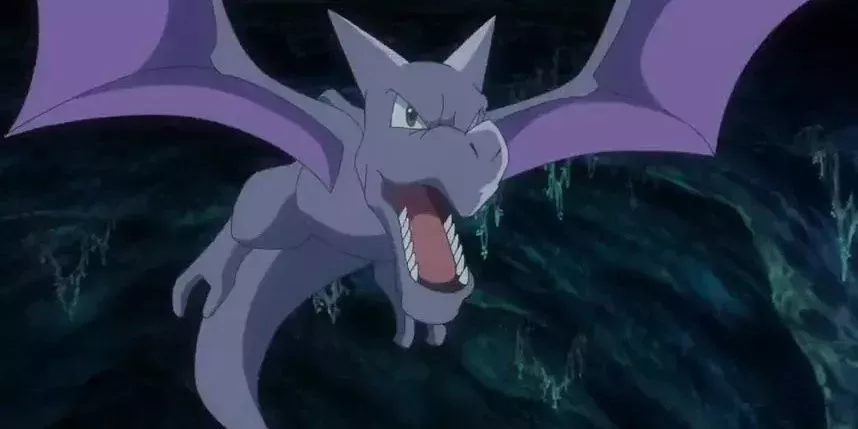 Aerodactyl flies in a cave.