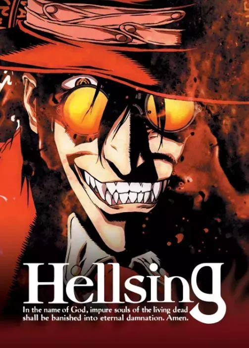 Hellsing anime cover art with an open-mouthed grinning vampire wearing sunglasses