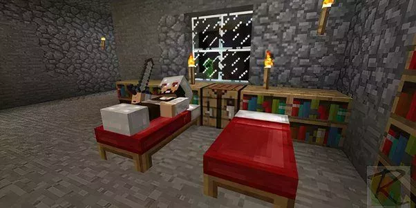 Minecraft player in base using the bed to sleep and respawn