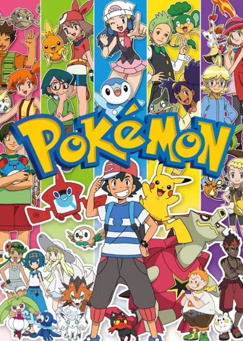 Ash Ketchum and Pikachu pose in front of other characters in the Pokémon anime on the Pokémon TV show poster.