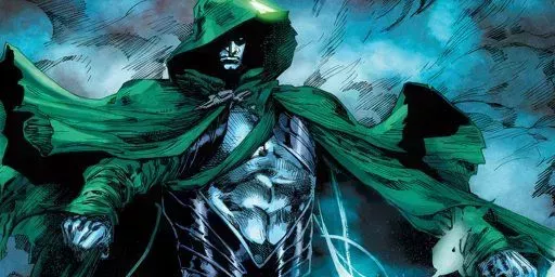 The Spectre is depicted with his cape flowing and arms stretched out in DC Comics.