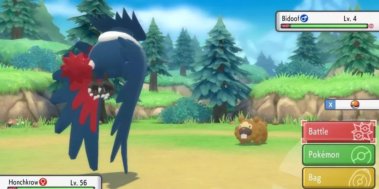 A Honchkrow and a Bidoof face off in battle.