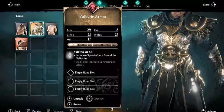 Screenshot of armor selection screen showcasing Valkyrie armor in Assassin's Creed Valhalla.