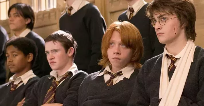 Dean Thomas, Seamus Finnegan, Ron Weasley, and Harry Potter look seriously in Harry Potter