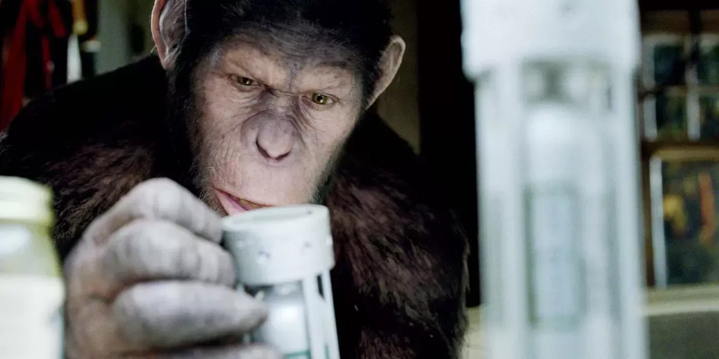 Caeser looks at the test tubes in Rise of the Planet of the Apes