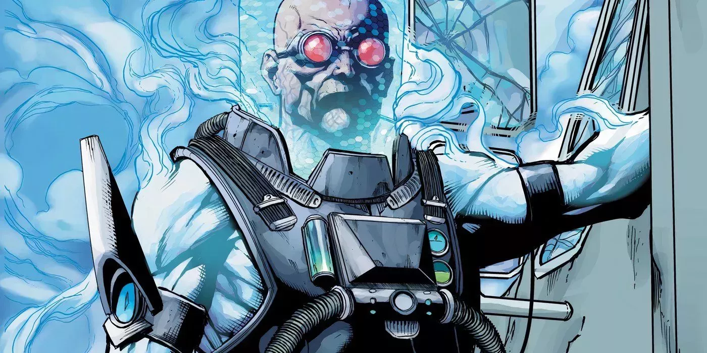 Mr. Freeze standing in his cryogenic suit in the comics