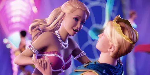 Prince Delphin and Lumina (Barbie) are dancing in Barbie: The Pearl Princess.