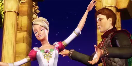 Derek and Princess Genevieve are dancing the magical waltz in Barbie: Twelve Dancing Princesses.