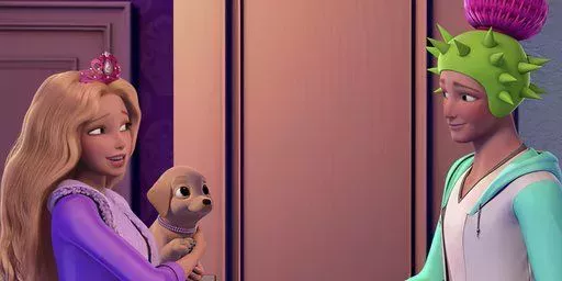 Ken is returning a puppy to Barbie while she is pretending to be Princess Amelia in Barbie: Princess Adventure.