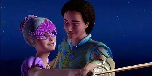 A masked Corinne (Barbie) and unmasked Prince Louis are smiling and holding a sword together in Babie and the Three Musketeers.