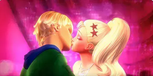 Ken and Barbie kiss in Barbie: A Fashion Fairytale.