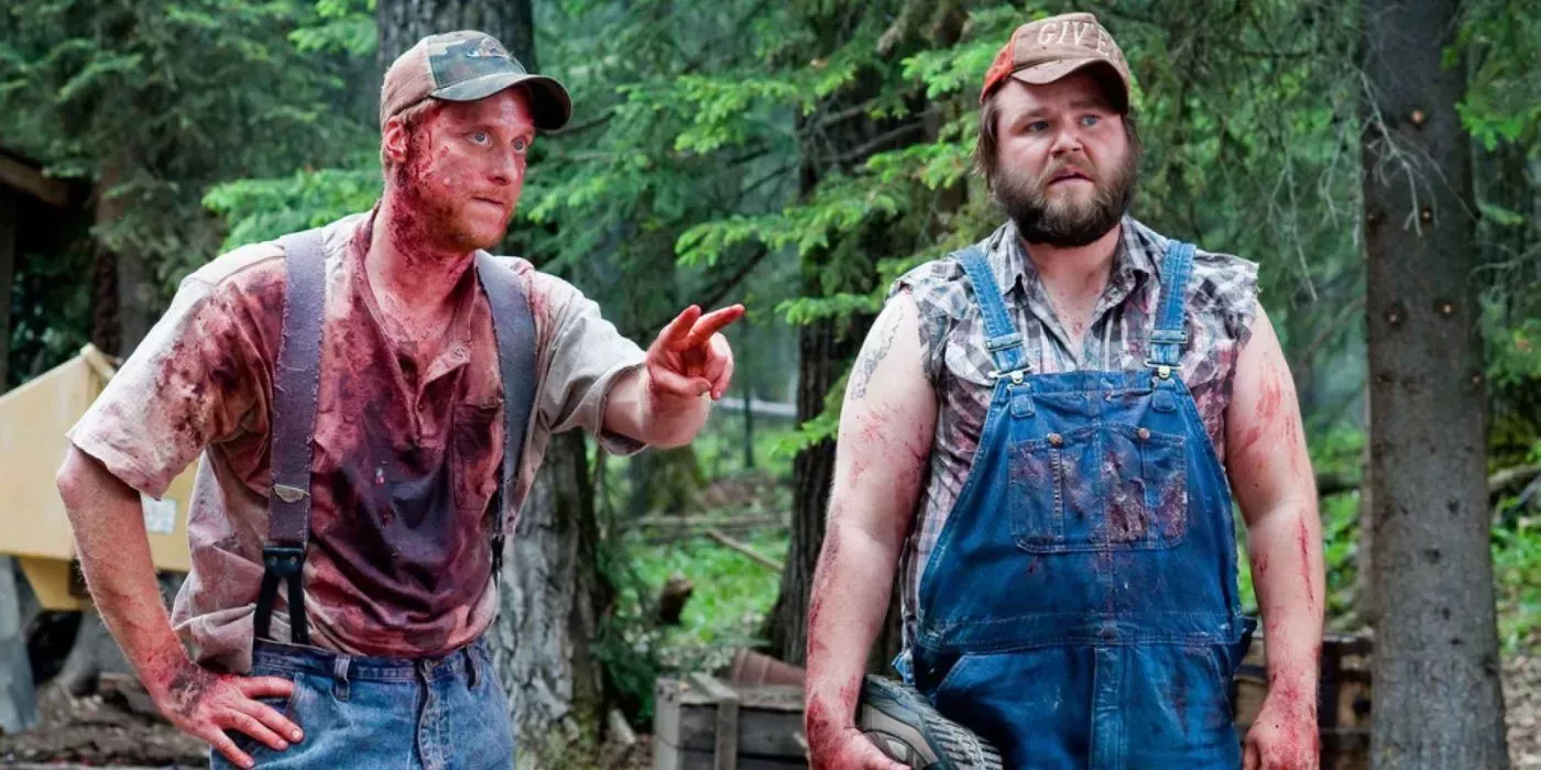 Tucker and Dale try to explain the blood on their clothes in Tucker & Dale vs. Evil 