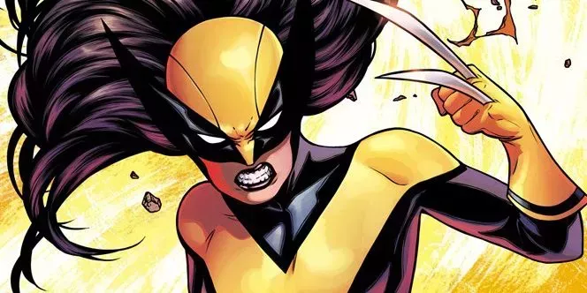 Laura Kinney as Wolverine popping her claws in front of a vague, yellow background.