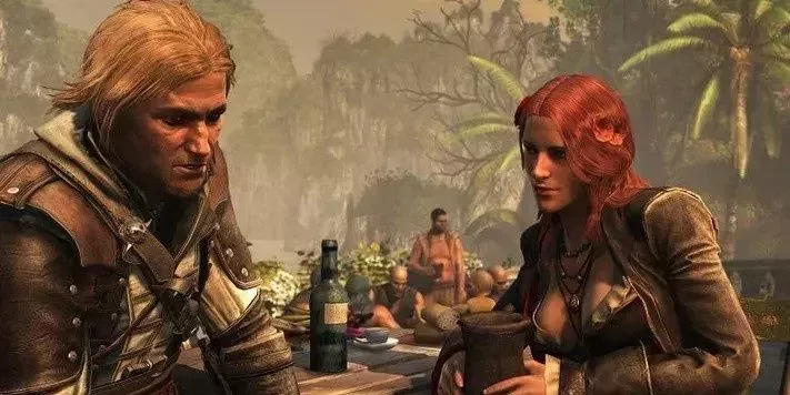 Edward Kenway shares a sorrowful drink with Anne Bonny.