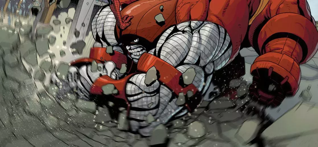 Colossus/Juggernaut crashing against concrete in Marvel comics.