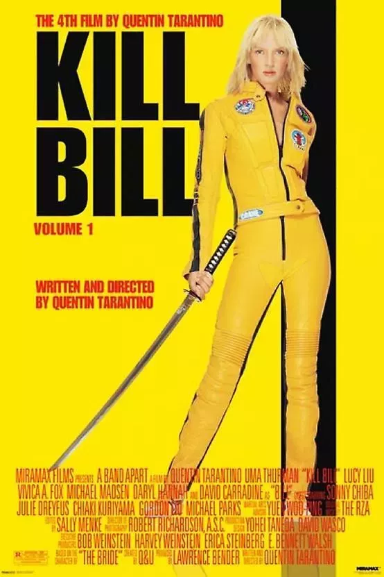 Uma Thurman as the Bride is standing with her blade out in the Kill Bill Vol. 1 film Poster.