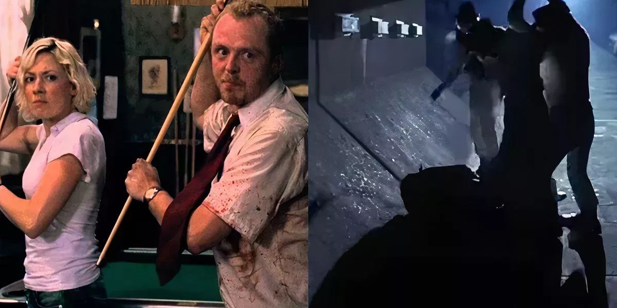 Shaun and Liz fight zombies in Shaun of the Dead, and the Droogs beat up a homeless man in A Clockwork Orange.