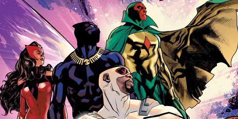 The Avengers (2023) #1 cover for Jed MacKay's Avengers run shows Captain America (Sam), Scarlet Witch, Black Panther and Vision looking up and to the left.