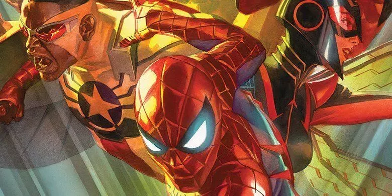 The Avengers (2016) #1 cover shows the All-New All-Different Avengers members Spider-Man, Sam Wilson, and Wasp looking in three different directions.