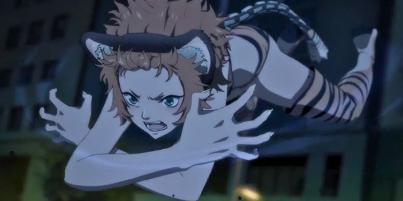 Kanae Aira performs an aerial claw attack while drunk in Juni Taisen: Zodiac War.