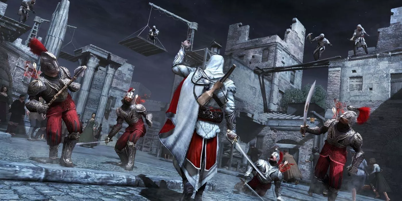 Ezio using his recruits in combat in Assassin's Creed Brotherhood.