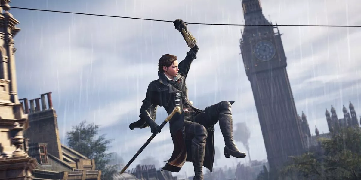 Screenshot of Evie Frye using the Rope Launcher in Assassin's Creed Syndicate.