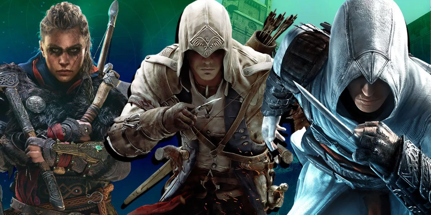 Assassin's Creed three-way split image of Eivor, Altair and Ezio