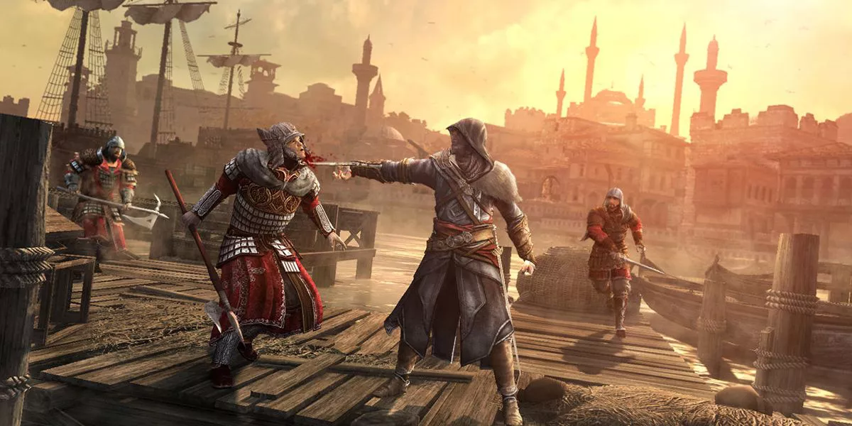 Guards charge Ezio as he kills a guard in Assassin's Creed: Revelations.