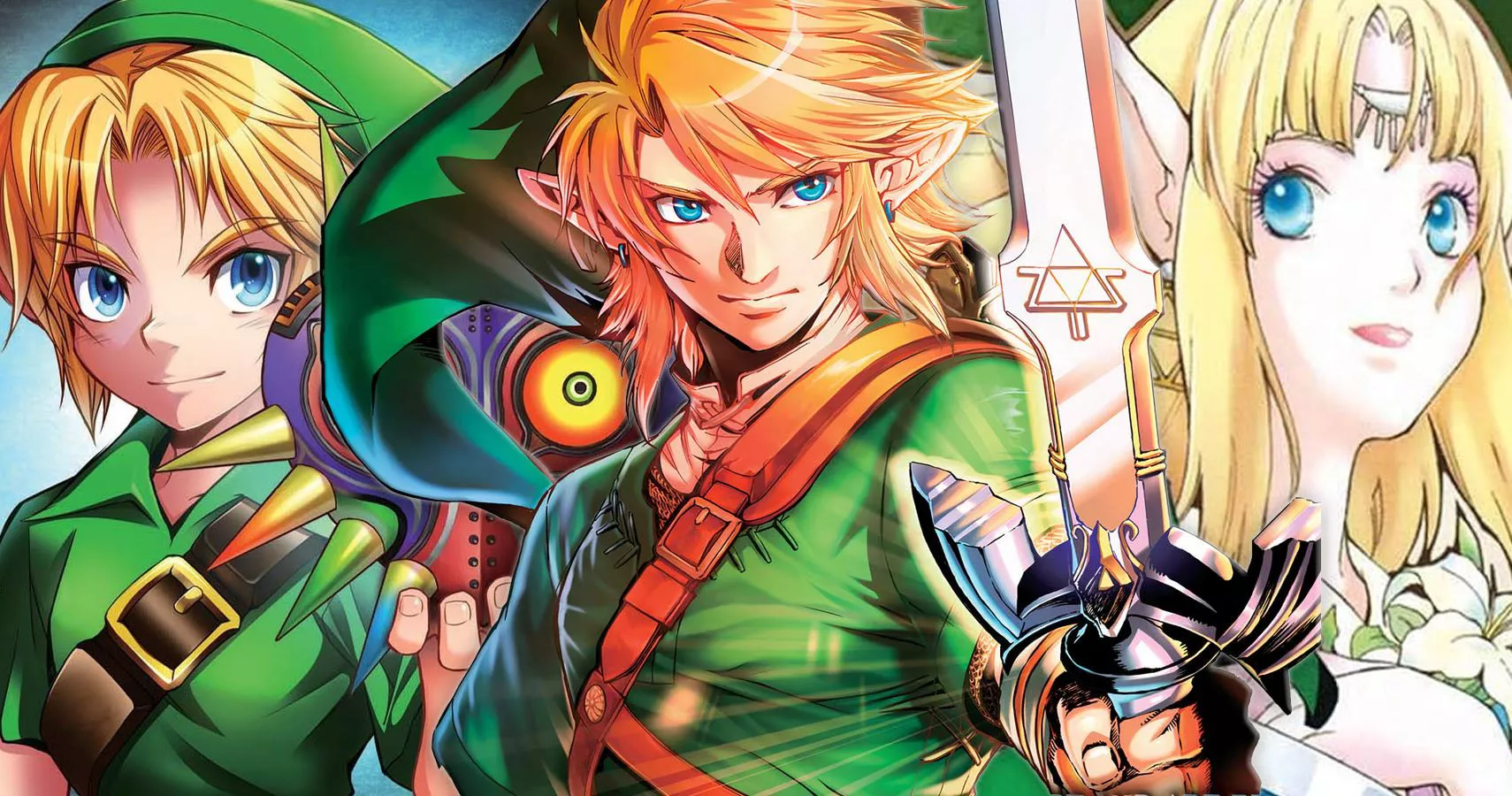 Link joven de Majora's Mask, Link de Twilight Princess y Zelda de A Link to the Past de la manga de Akira Himekawa