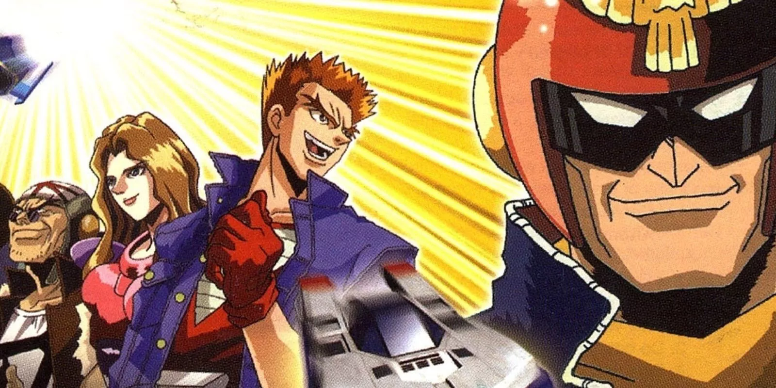 Arte clave de F-Zero: GP Legend, que representa al Capitán Falcon y otros personajes jugables.