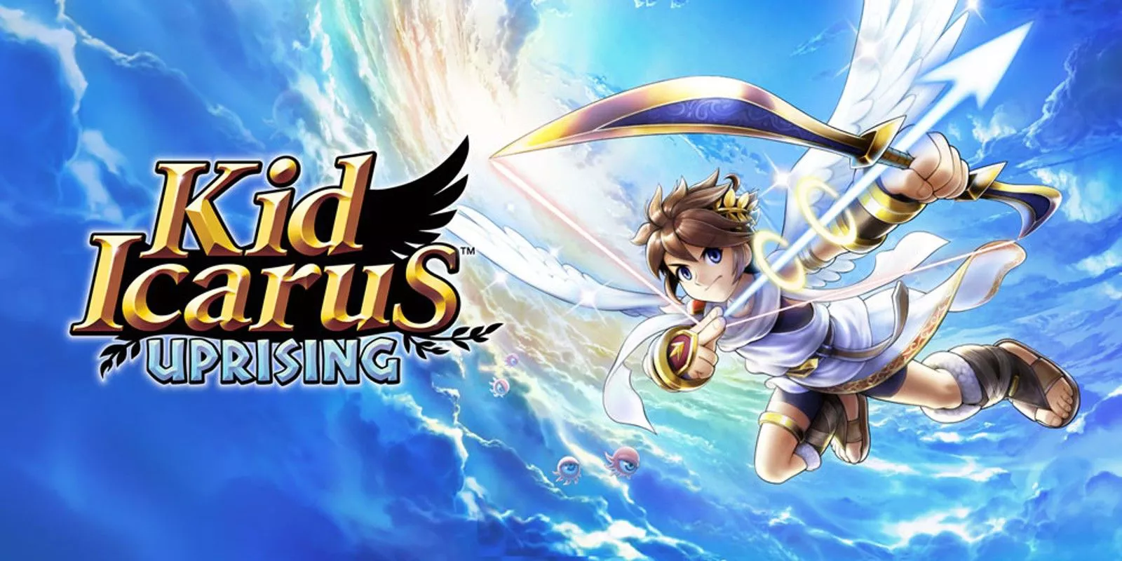 El arte clave de Kid Icarus Uprising, que presenta a Pit volando mientras dispara una flecha.