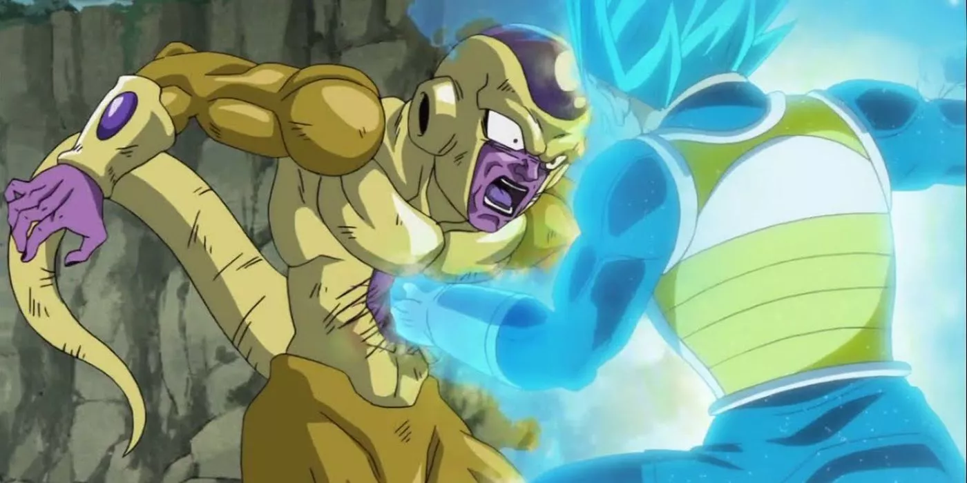 Vegeta Punches Golden Frieza in the stomach in Dragon Ball Super.