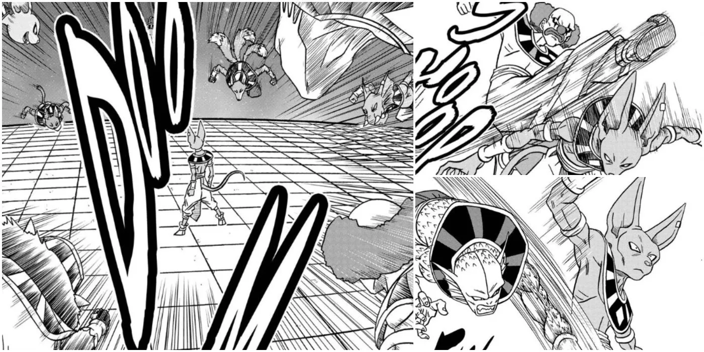 The Gods of Destruction attacking Beerus at the same time in the Dragon Ball Super manga.