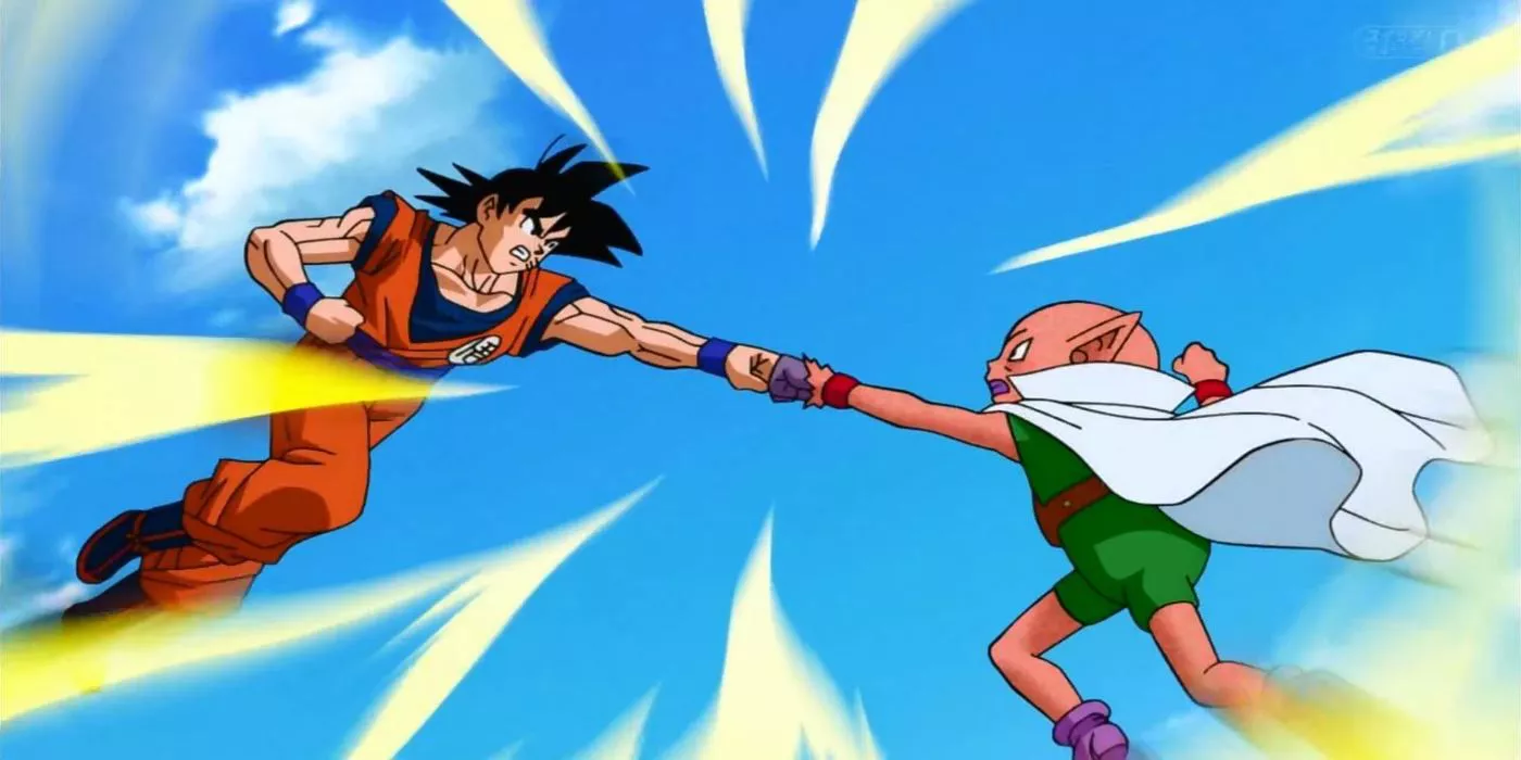 Goku fights Beerus, dressed as Monaka, in Dragon Ball Super.